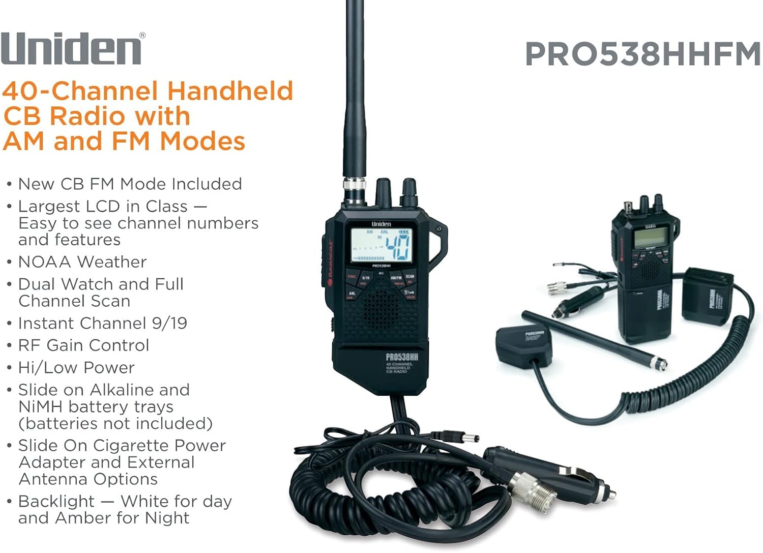 PRO538HHFM, “2 in 1” Dual Handheld/Mobile Emergency CB Radio with New FM Mode, Full 40 Channels, NOAA Weather Alerts