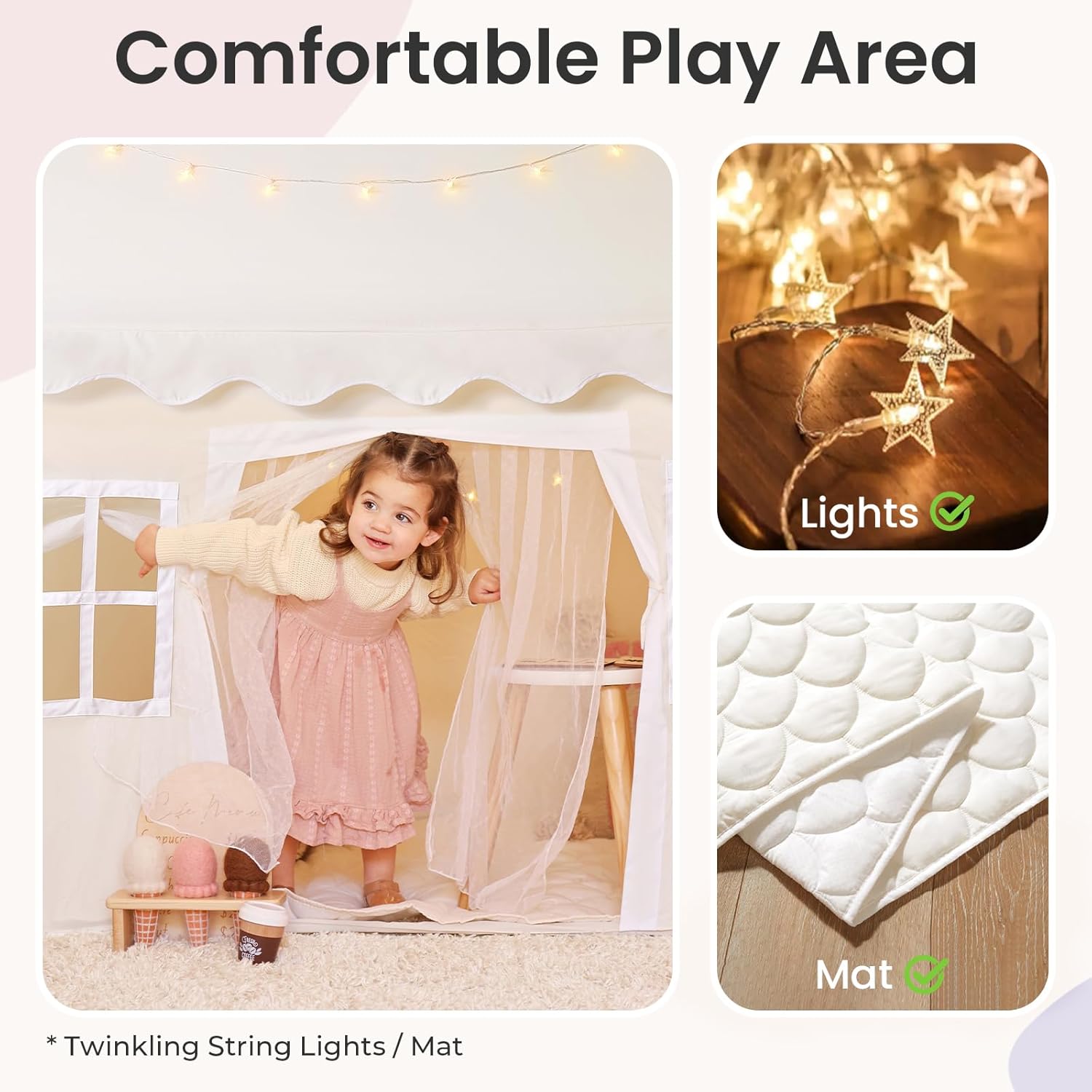 Play Tent with Padded Mat & LED Lights, 2-in-1 Foldable Kids Couch with Pockets