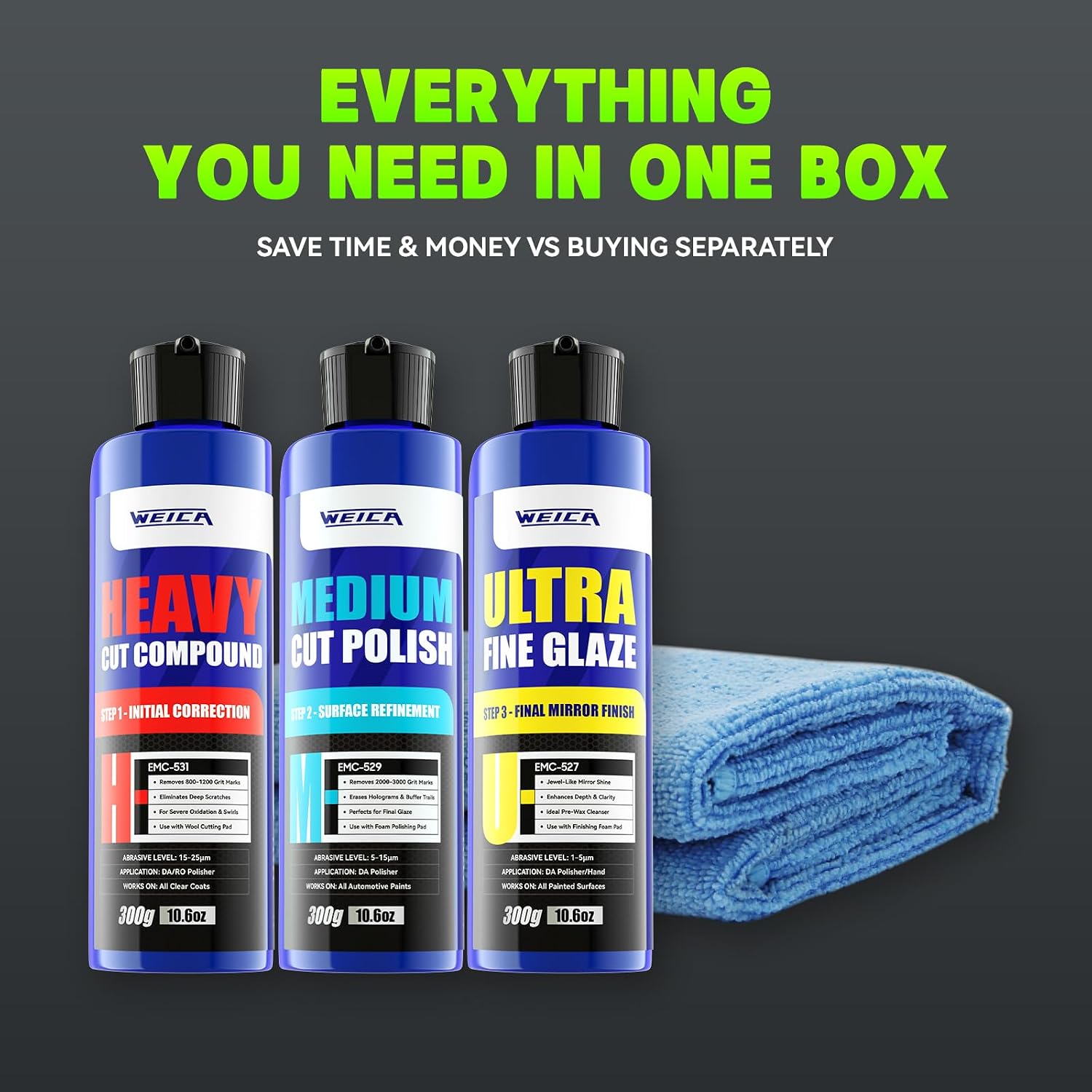 3-Step Car Polishing Compound Kit, Scratch and Swirl Remover, 32 oz | Three-step compound kit cuts defects, refines