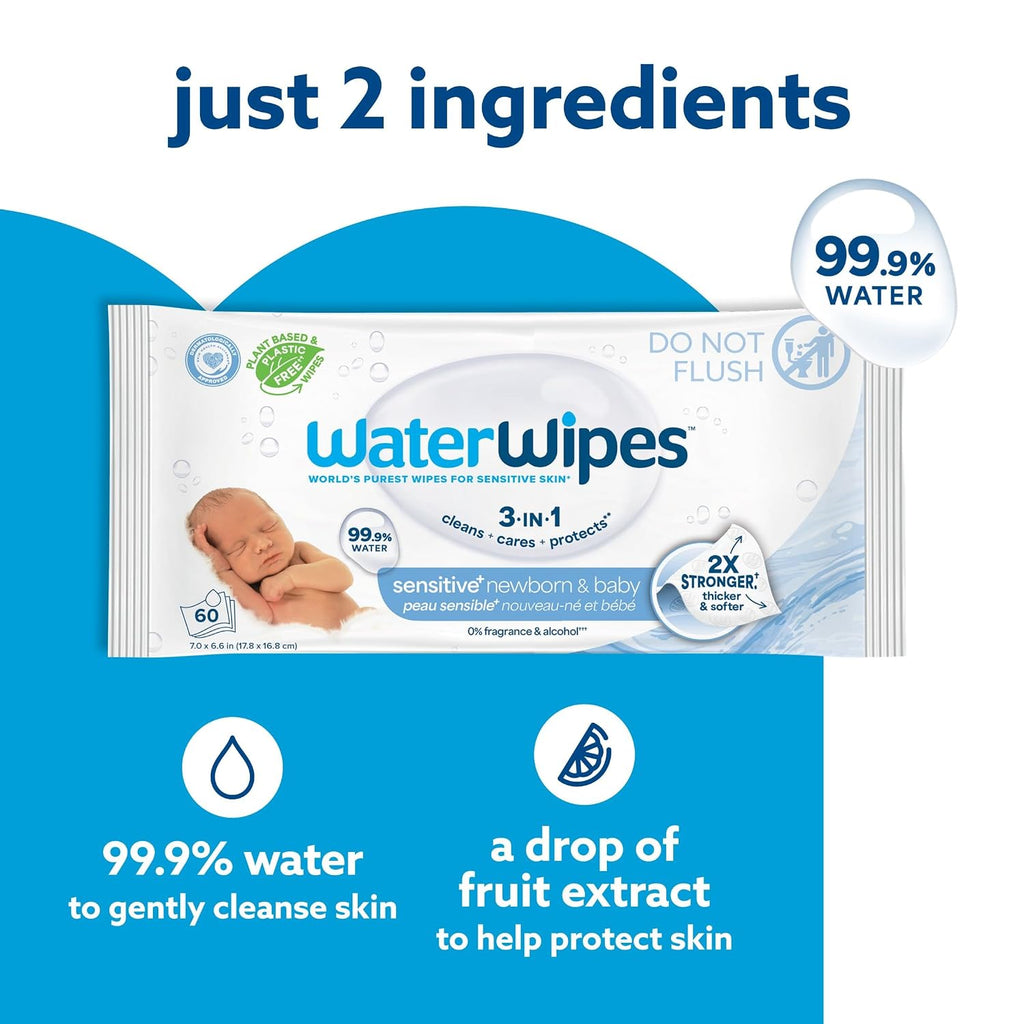 Sensitive+ Newborn & Baby Wipes, 3-In-1 Cleans, Cares, Protects, 99.9% Water, Unscented & Hypoallergenic, 240 Count