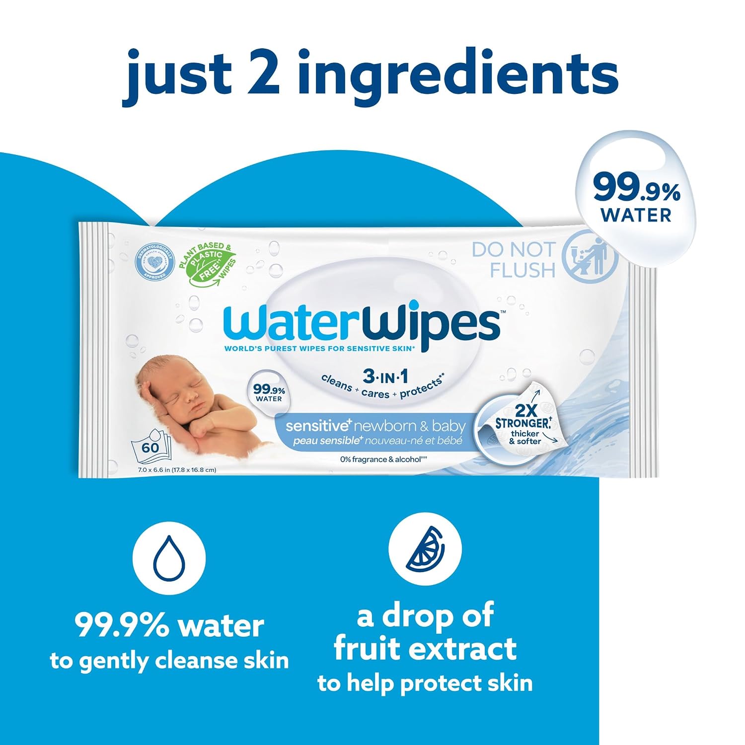 Sensitive+ Newborn & Baby Wipes, 3-In-1 Cleans, Cares, Protects, 99.9% Water, Unscented & Hypoallergenic, 240 Count