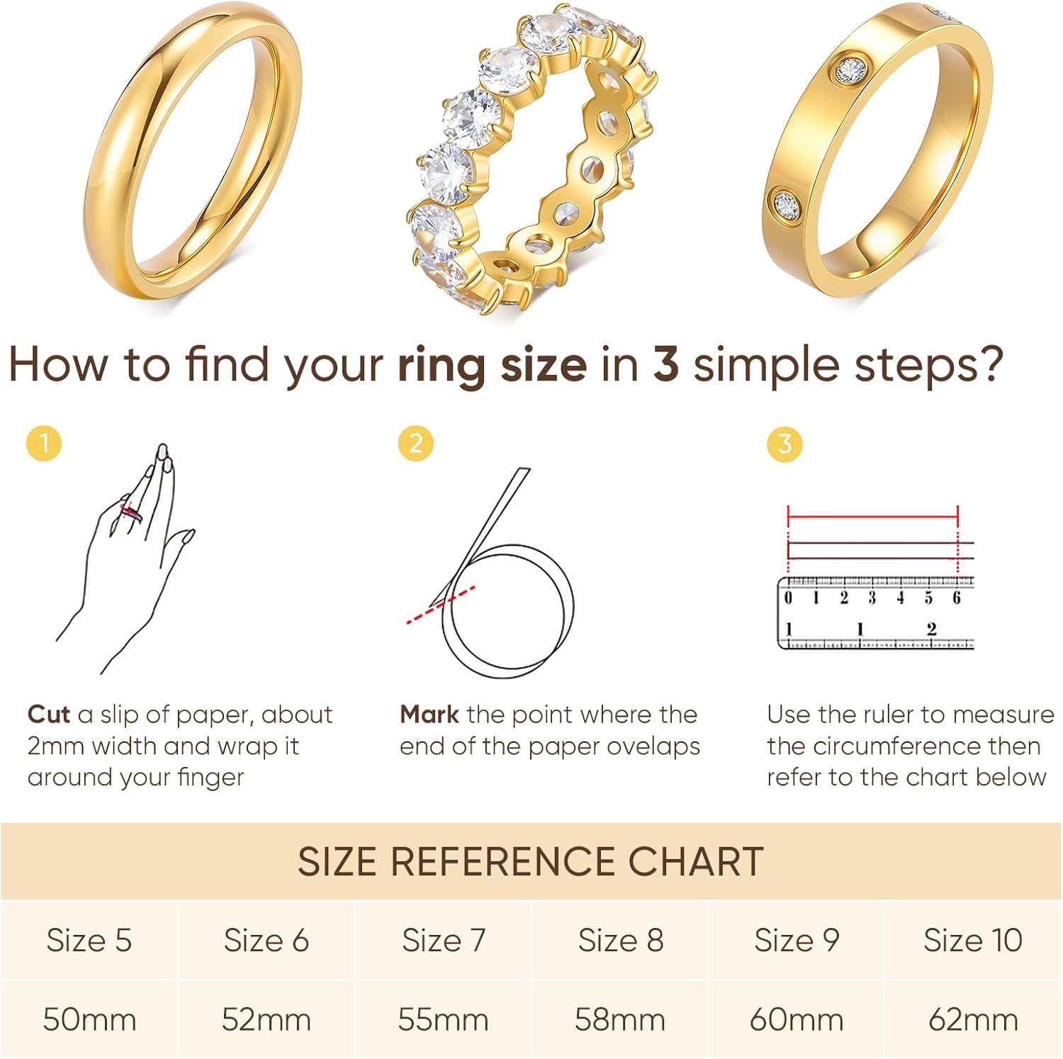 Stackable Gold Rings for Women - 3Pcs 18K Gold Plated Ring, Stainless Steel Cubic Zirconia Bands, Waterproof