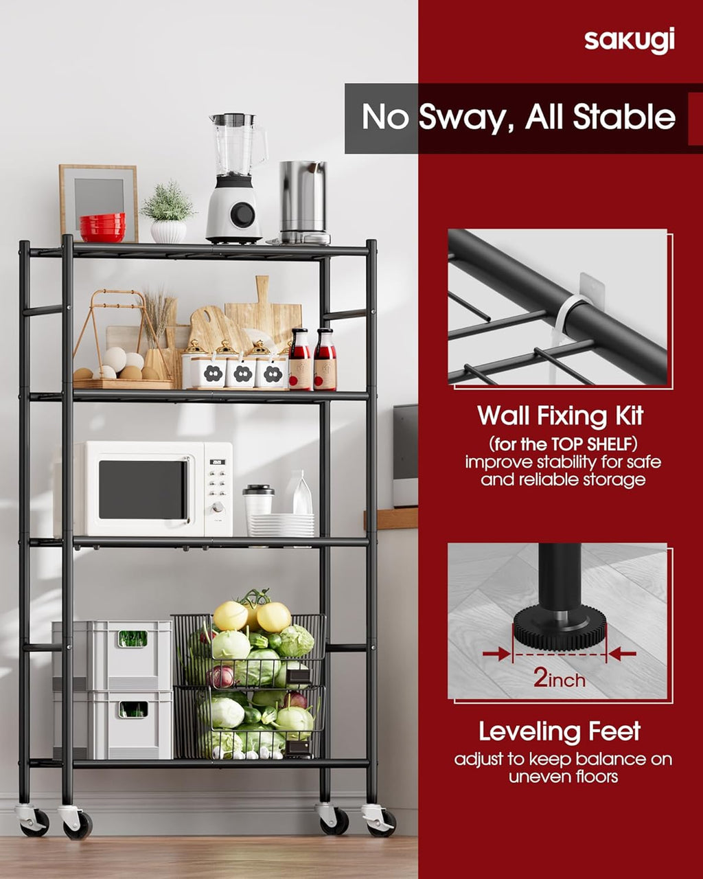 Storage Shelves Organizer - 4 Tier Metal Shelf Organizer with Metal Wheels and Adjustable Leveling Feet, Heavy Duty