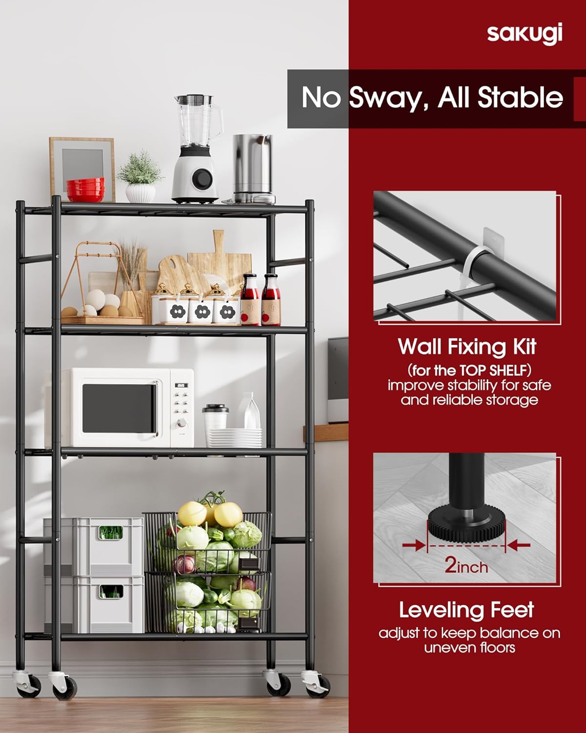 Storage Shelves Organizer - 4 Tier Metal Shelf Organizer with Metal Wheels and Adjustable Leveling Feet, Heavy Duty