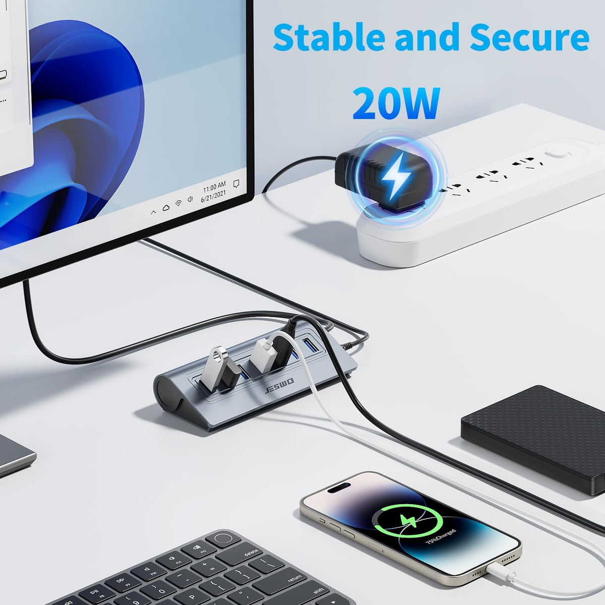 Powered USB Hub, JESWO 7-Port USB 3.0 Hub, Aluminum USB Data Hub with 3.3ft Cable, USB Hub 3.0 Powered with 5V/4A