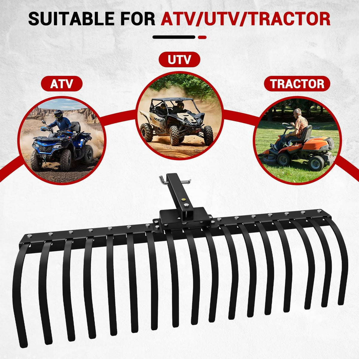 48 Inch Tow Behind Landscape Rake, Black Durable Tractor Rake with 2 Inch Receiver Fit for Lawn Tractor ATV UTV, All