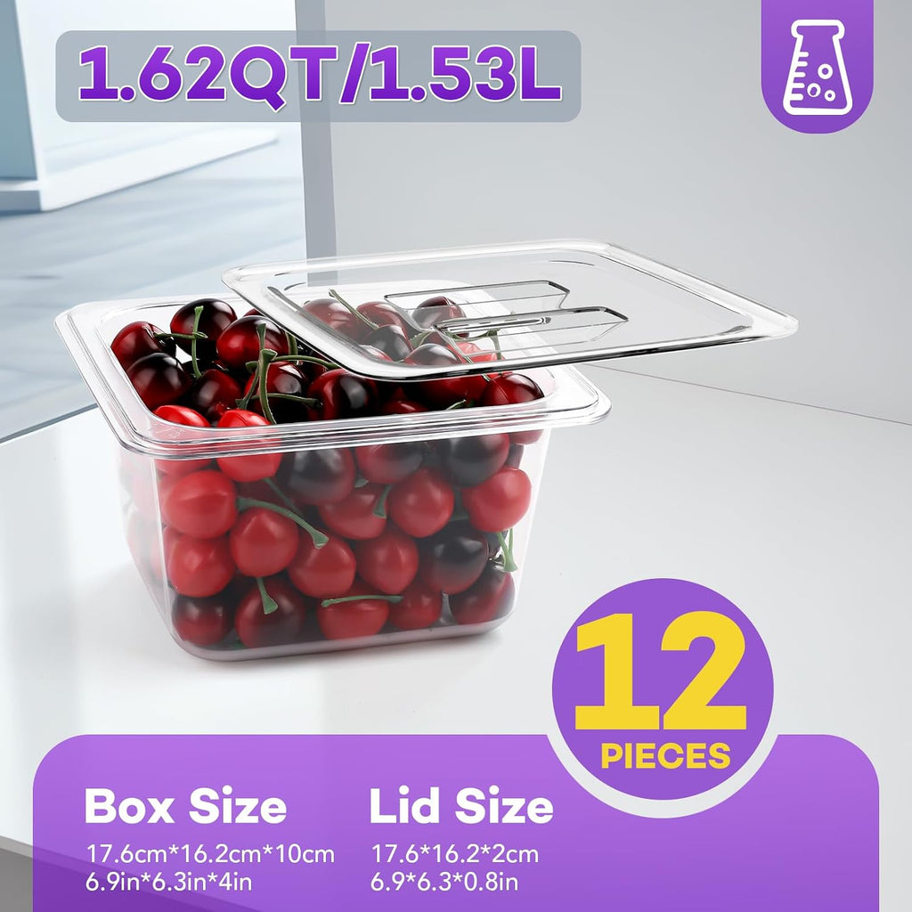 12 Pack Plastic Food Pan with Lids 1/6 Size 4 Inch Deep
