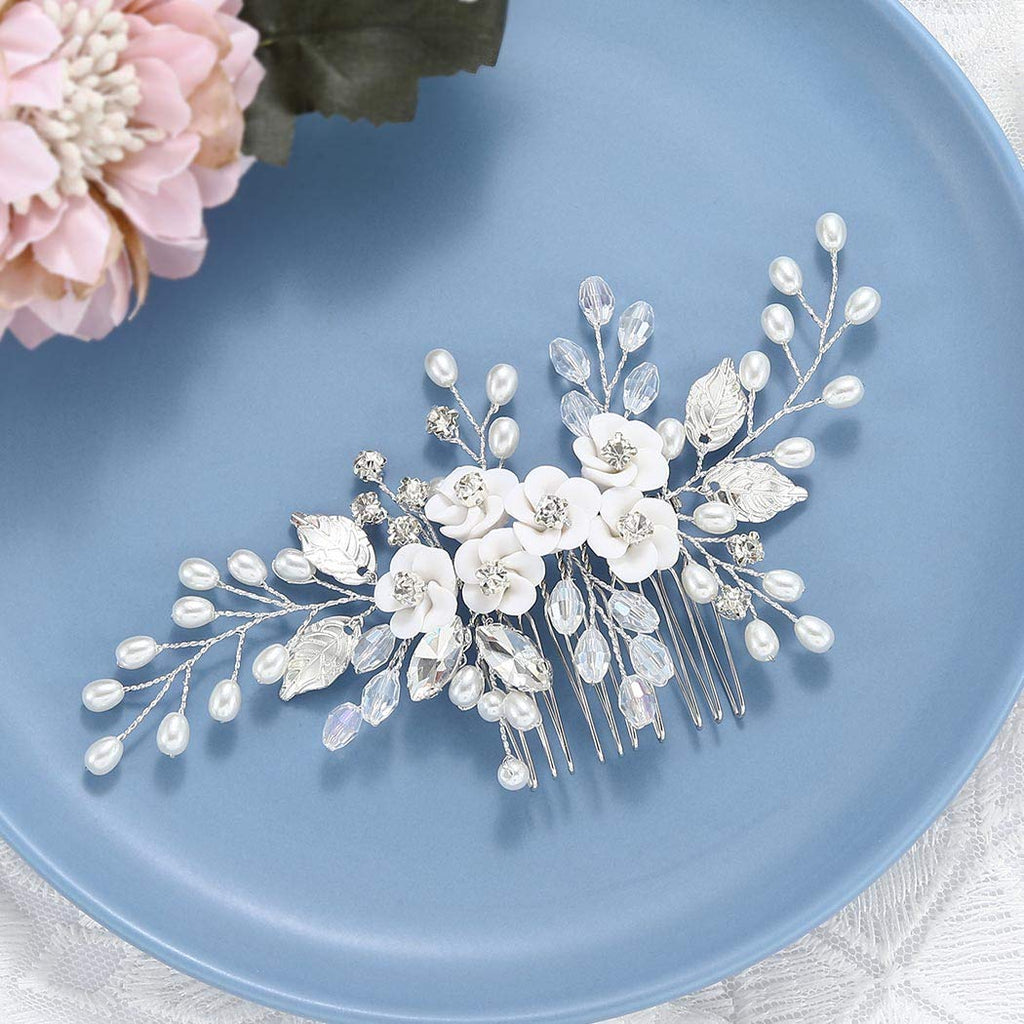 Flower Bride Wedding Hair Comb Leaf Silver Bridal Headpiece Pearl Hair Accessories Crystal Hair Piece Jewelry for