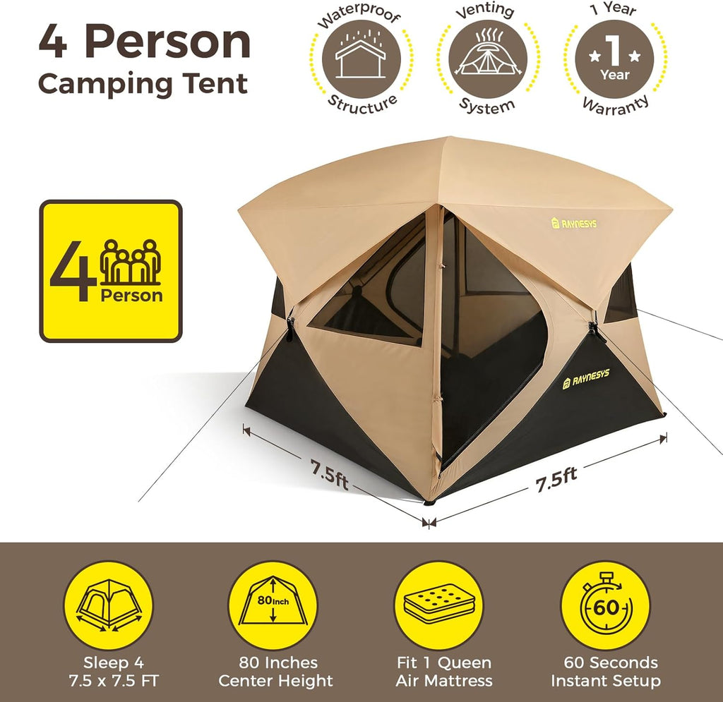 4 Person Camping Tent, Setup in 60 Seconds, Waterproof,Pop up Tents | Instant setup in 60 Seconds,Spacious