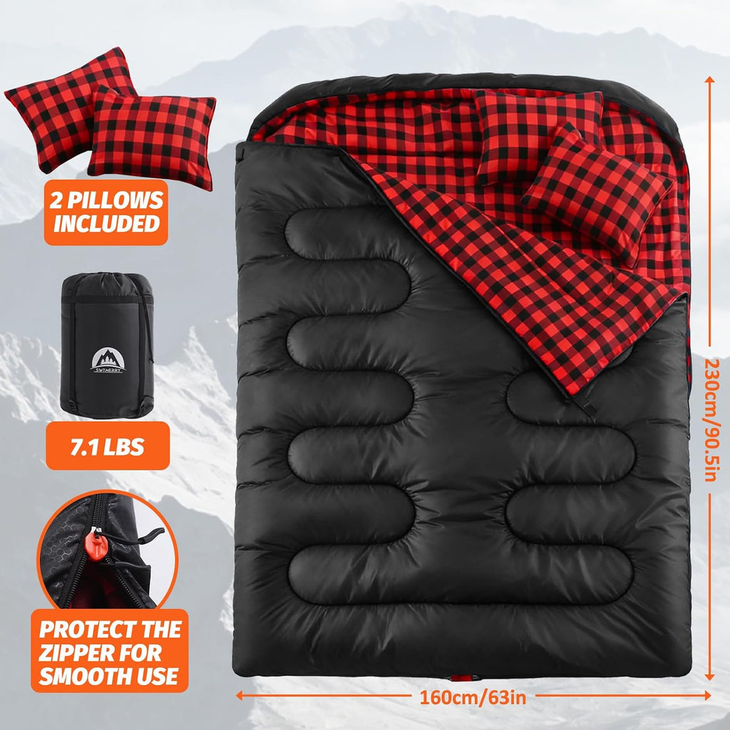 Double Sleeping Bag for Adults with 2 Pillows, Big&Tall XL Queen Size Sleeping Bag for 2 Person, Waterproof 2 Person