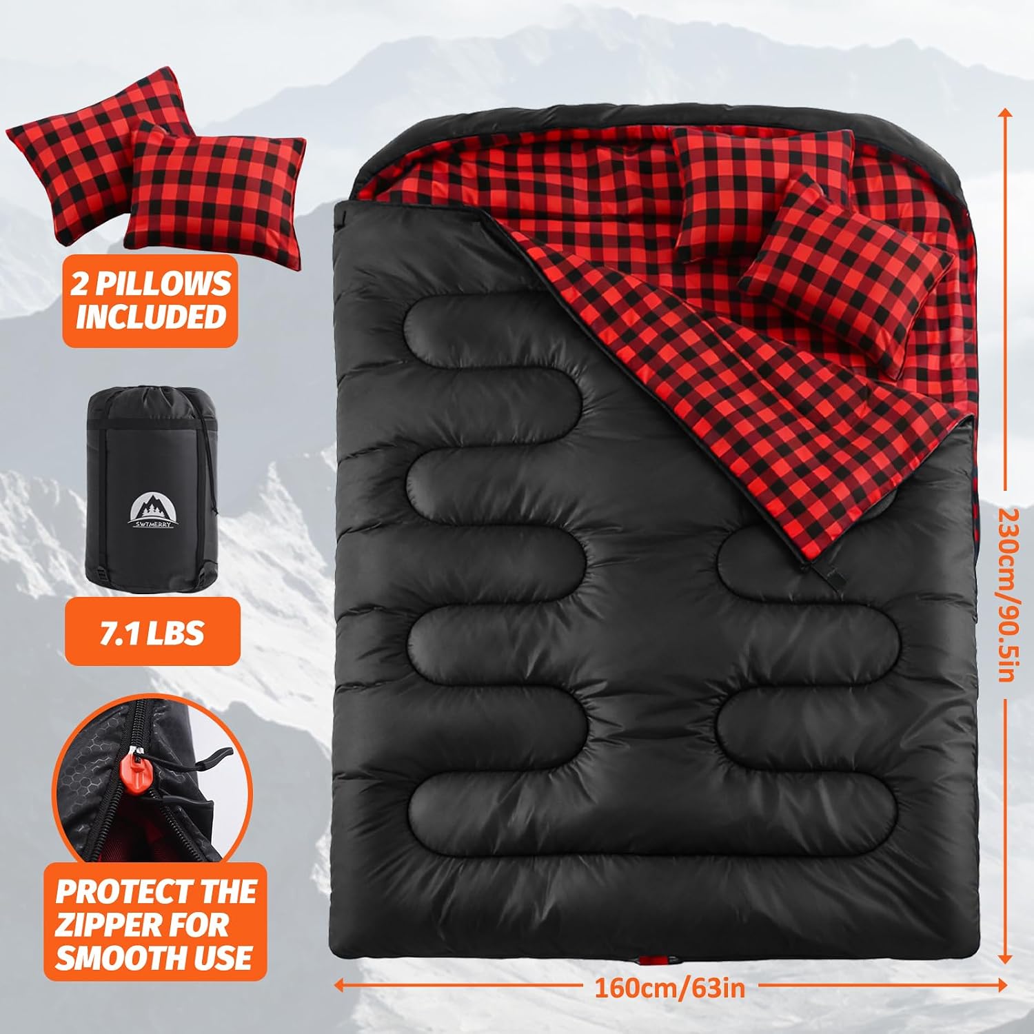 Double Sleeping Bag for Adults with 2 Pillows, Big&Tall XL Queen Size Sleeping Bag for 2 Person, Waterproof 2 Person