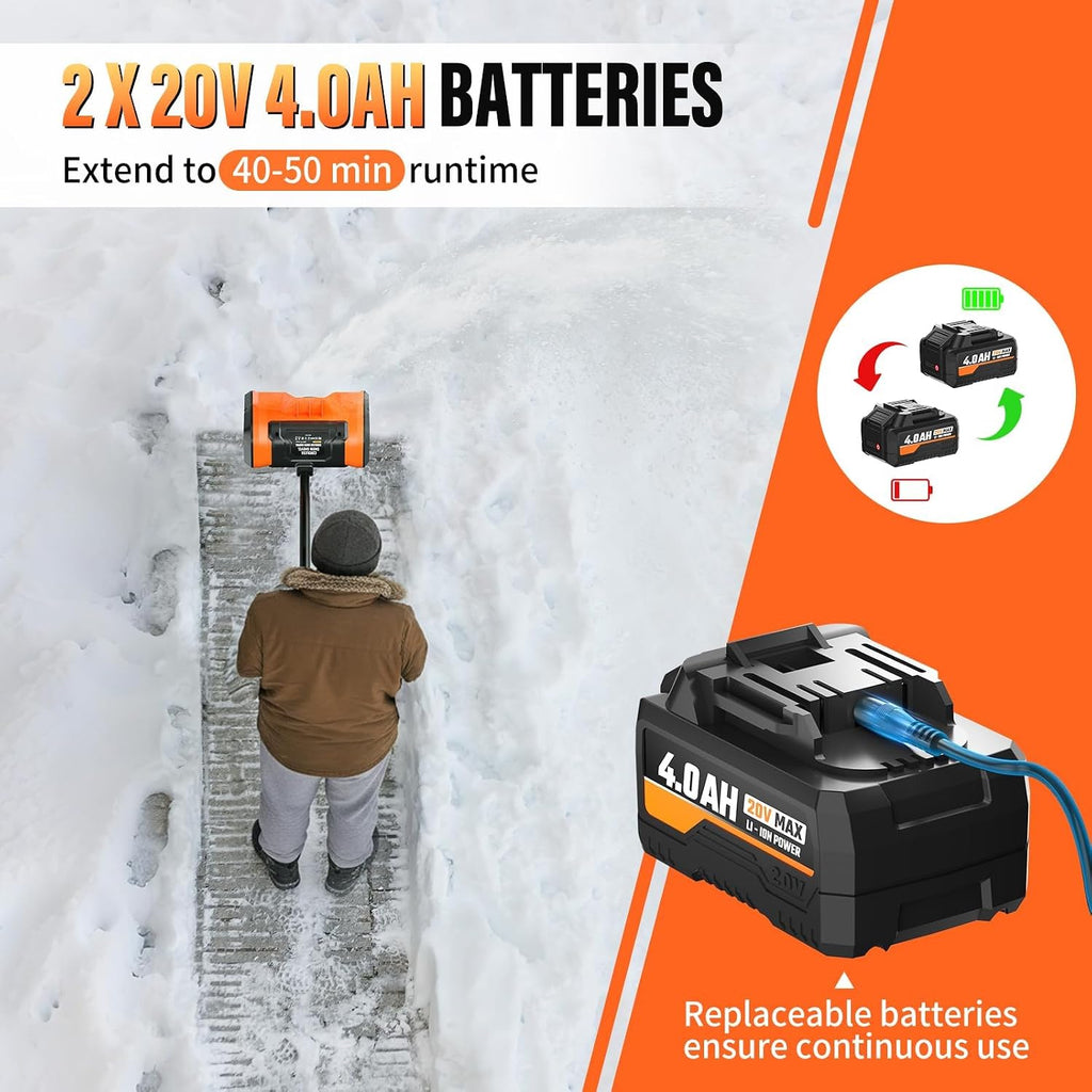 Snow Shovel Cordless, 20V | 10 Inch Electric Snow Blower with 2 X 4.0Ah Replaceable Batteries & Charger Up to 50