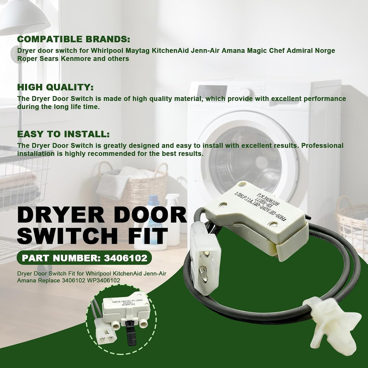 Dryer Door Switch for Whirlpool KitchenAid Jenn-Air Amana Replace 3406102