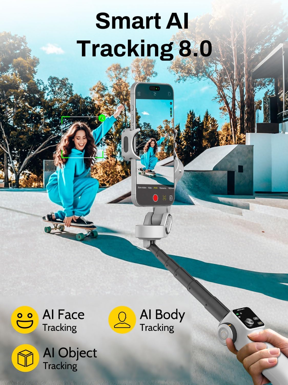Gimbal Stabilizer for iPhone & Android, 3-Axis Phone Gimbal with OLED Screen, 7.8" Extendable Rod, Face & Gesture
