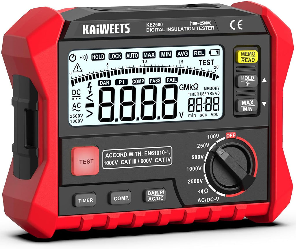 KAIWEETS Megohmmeter Insulation Tester 0.1MΩ-200GΩ 2500V DAR/PI Ohm Meter