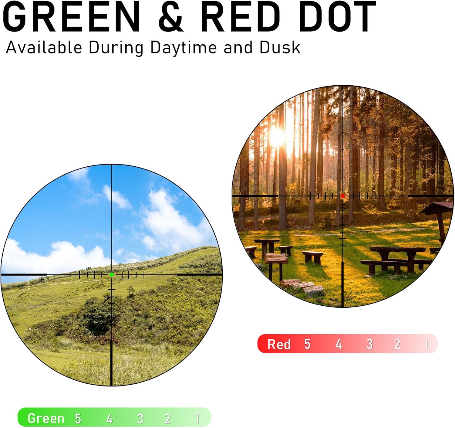 1.2-6x24 Rifle Scope,MOA Reticle,Clear Green-Coated Lens,Tactical Compact LPVO, R/G Dual-Color with 5 Levels