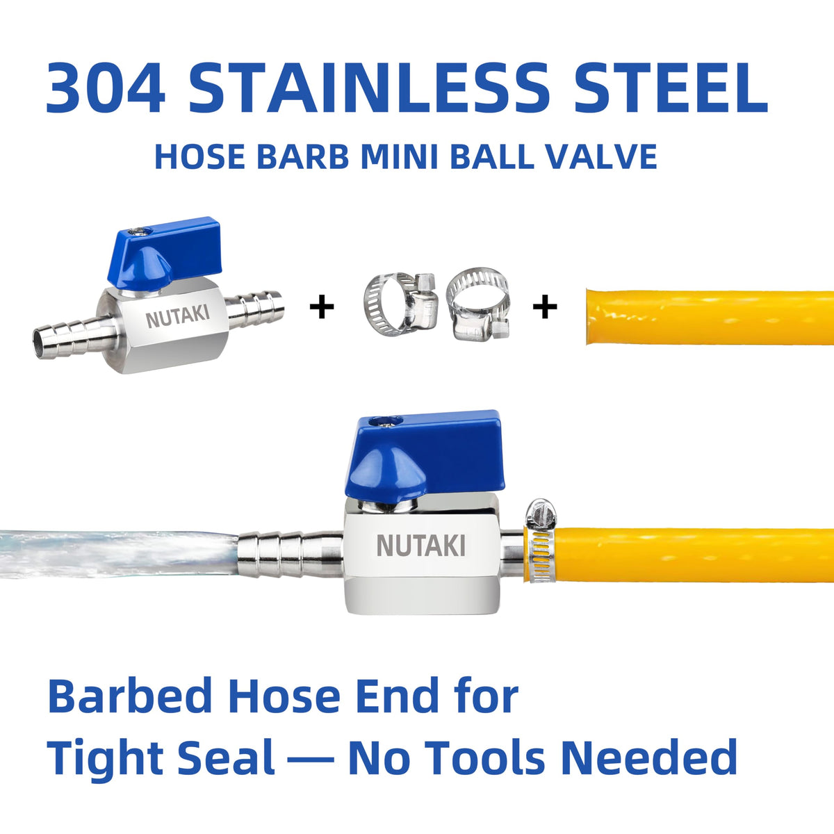 NUTAKI 1/4" Barb Shut Off Valve, 304 Stainless Steel, 4 Clamps, 2-Pack