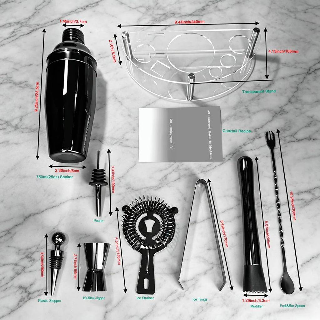 9-Piece Cocktail Shaker with Stand, 25oz Bartender Kit, Cocktail Shaker with Strainer Set, Bar Set Jigger for
