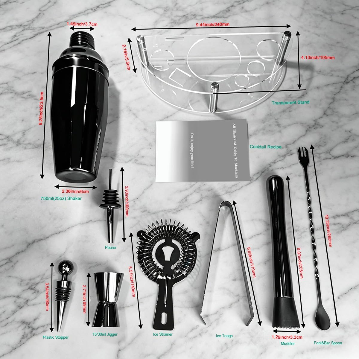 9-Piece Cocktail Shaker with Stand, 25oz Bartender Kit, Cocktail Shaker with Strainer Set, Bar Set Jigger for