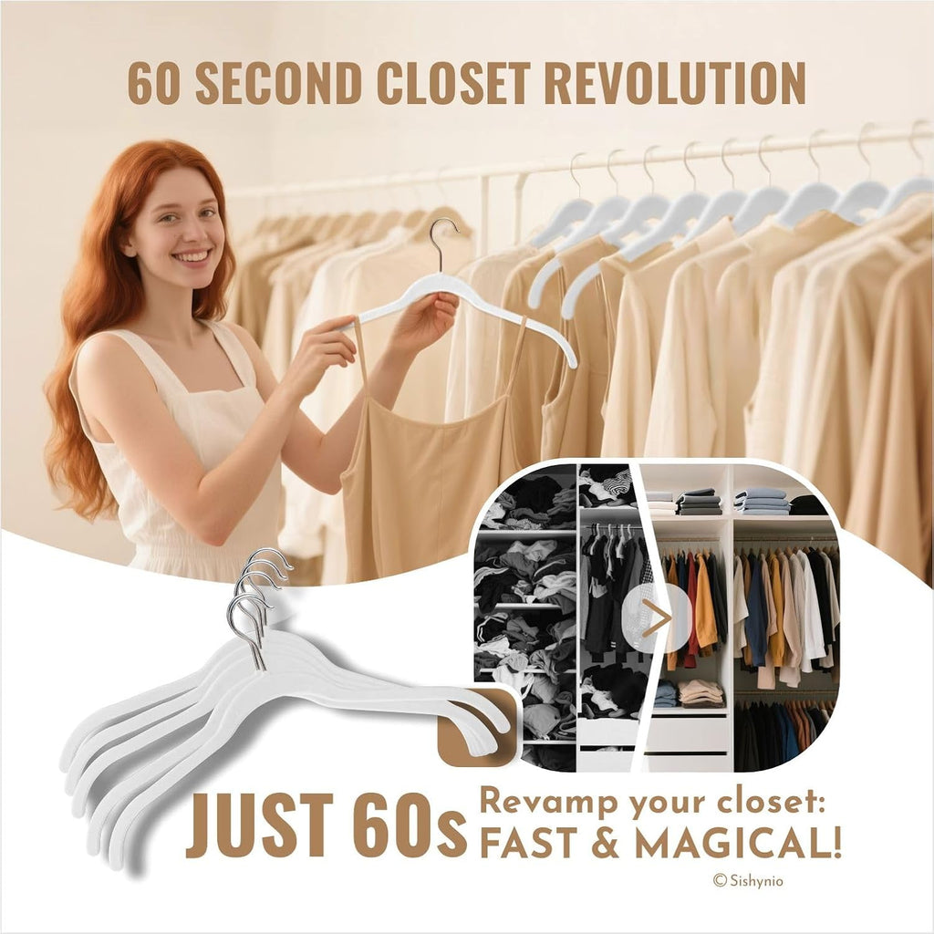 Velvet Hangers 30 Pack, Slim Flocked Clothes Hangers White | Non-Slip Felt Surface; 360° Swivel Hooks; Space-Saving