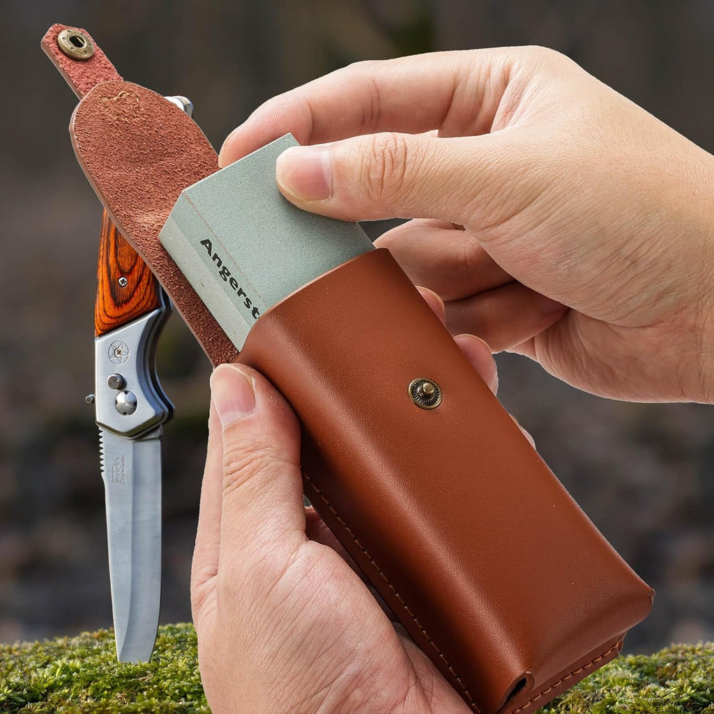 Pocket Sharpening Stone, 400/1000 Grit Whetstone Knife Sharpener | For Hunting, Pocket and Camp Knives. Cowhide Pouch