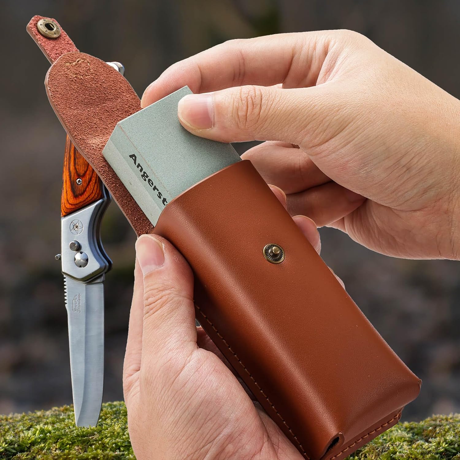 Pocket Sharpening Stone, 400/1000 Grit Whetstone Knife Sharpener | For Hunting, Pocket and Camp Knives. Cowhide Pouch