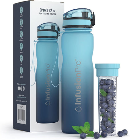 32 oz Fruit Infuser Water Bottle with Time Marker - Flip Top Locking Lid, Insulated Sleeve & 50 Recipe Fruit Infusion