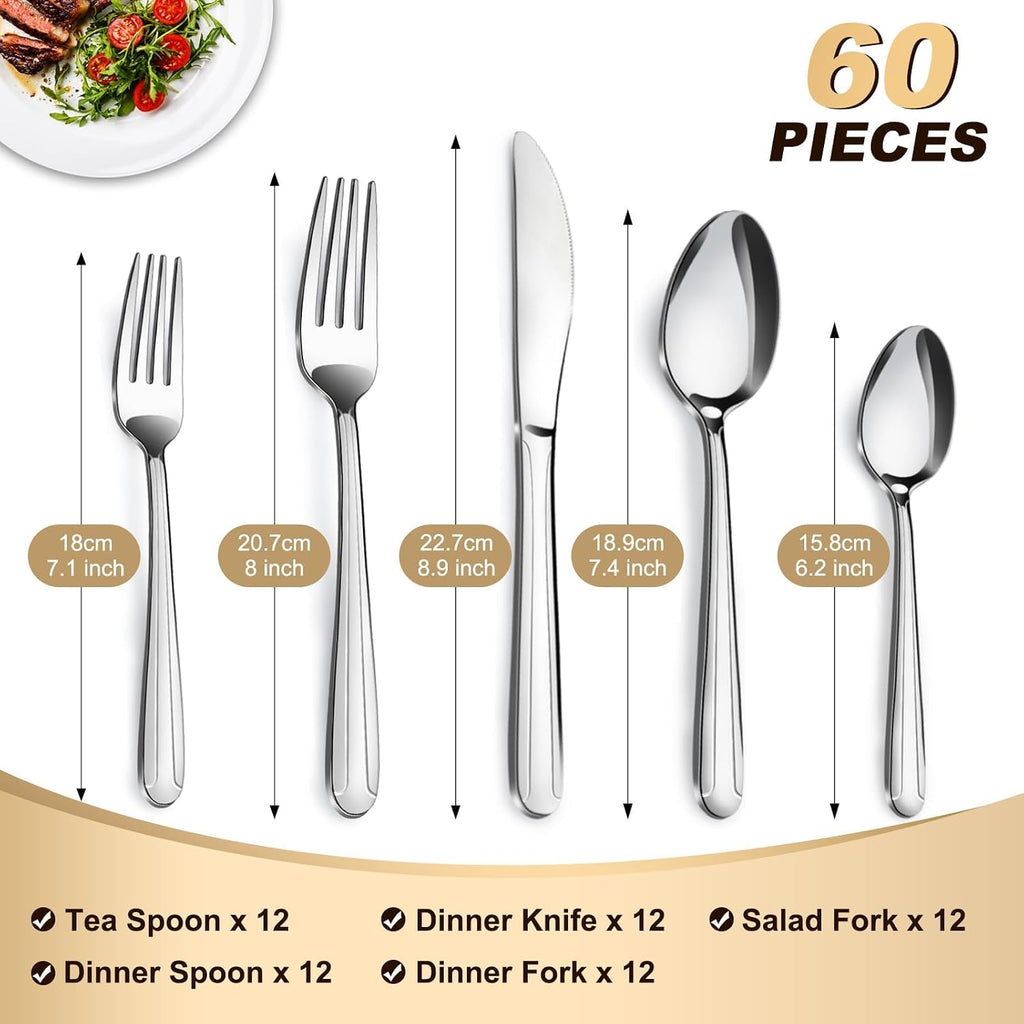 60-Pcs Silverware Set Service for 12, Premium Stainless Steel Flatware Set, Include Forks Spoons and Knives Set