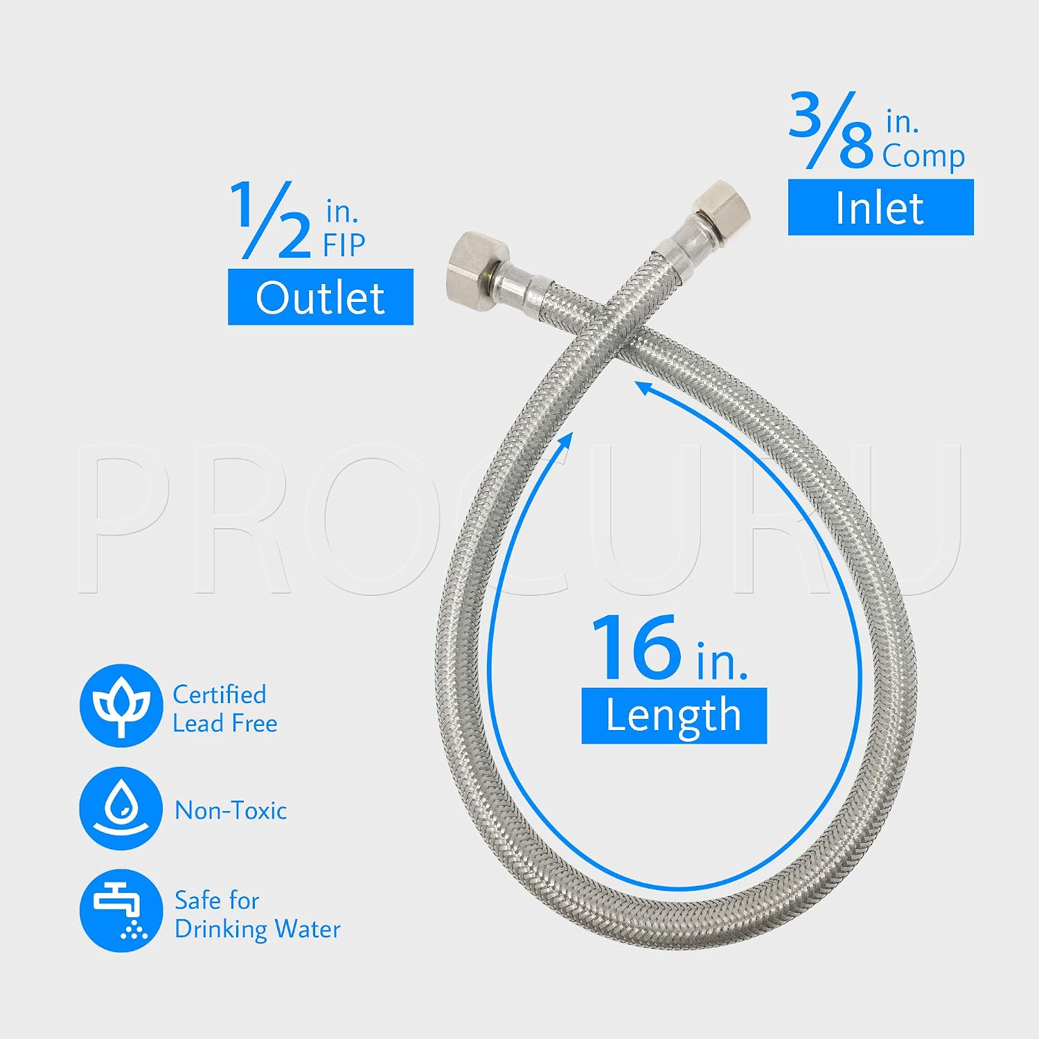 [2-Pack] PROCURU 16-Inch (1.3Ft) x 3/8" Comp x 1/2" FIP Faucet Hose Connector, Stainless Steel Braided Supply Line