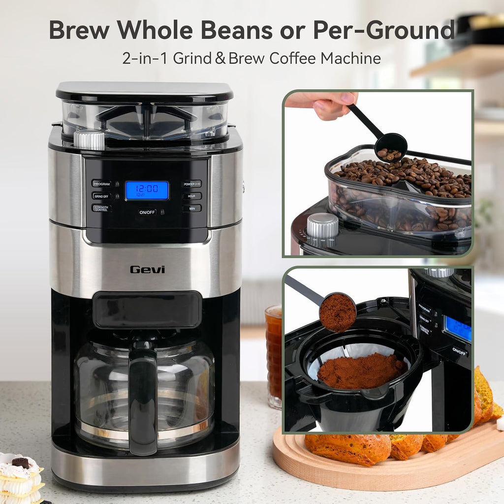 All In One 10-Cup Grind & Brew Coffee Maker with Built-In Burr Grinder | 24-Hour Programmable Timer, 1.5L Water Tank