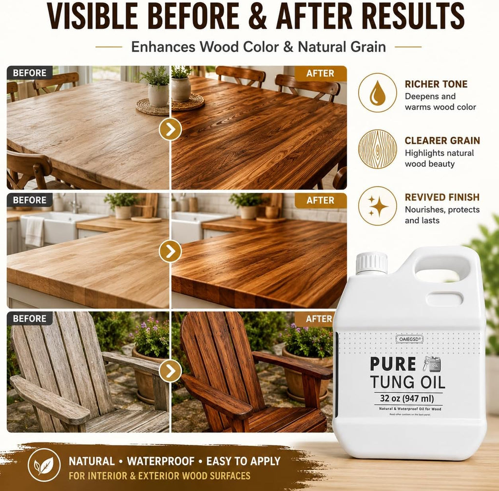 32oz 100% Pure Tung Oil, Food Safe Waterproof Low Odor Wood Finish & Sealer
