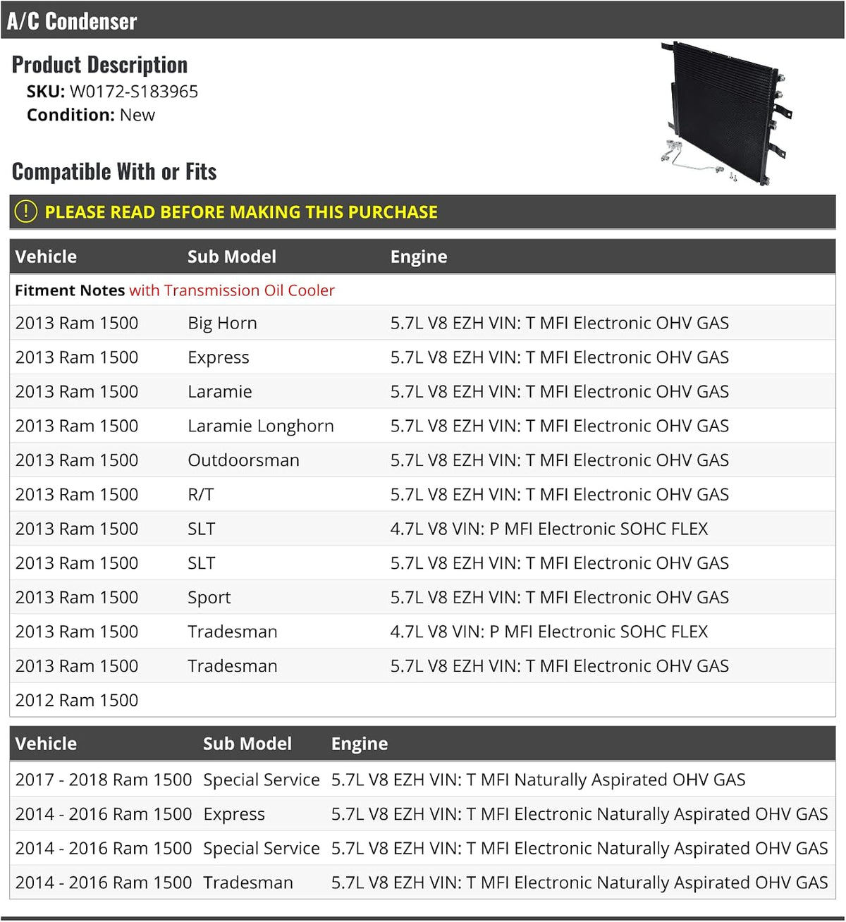 A/C Condenser - Compatible with 2012-2018 Ram 1500