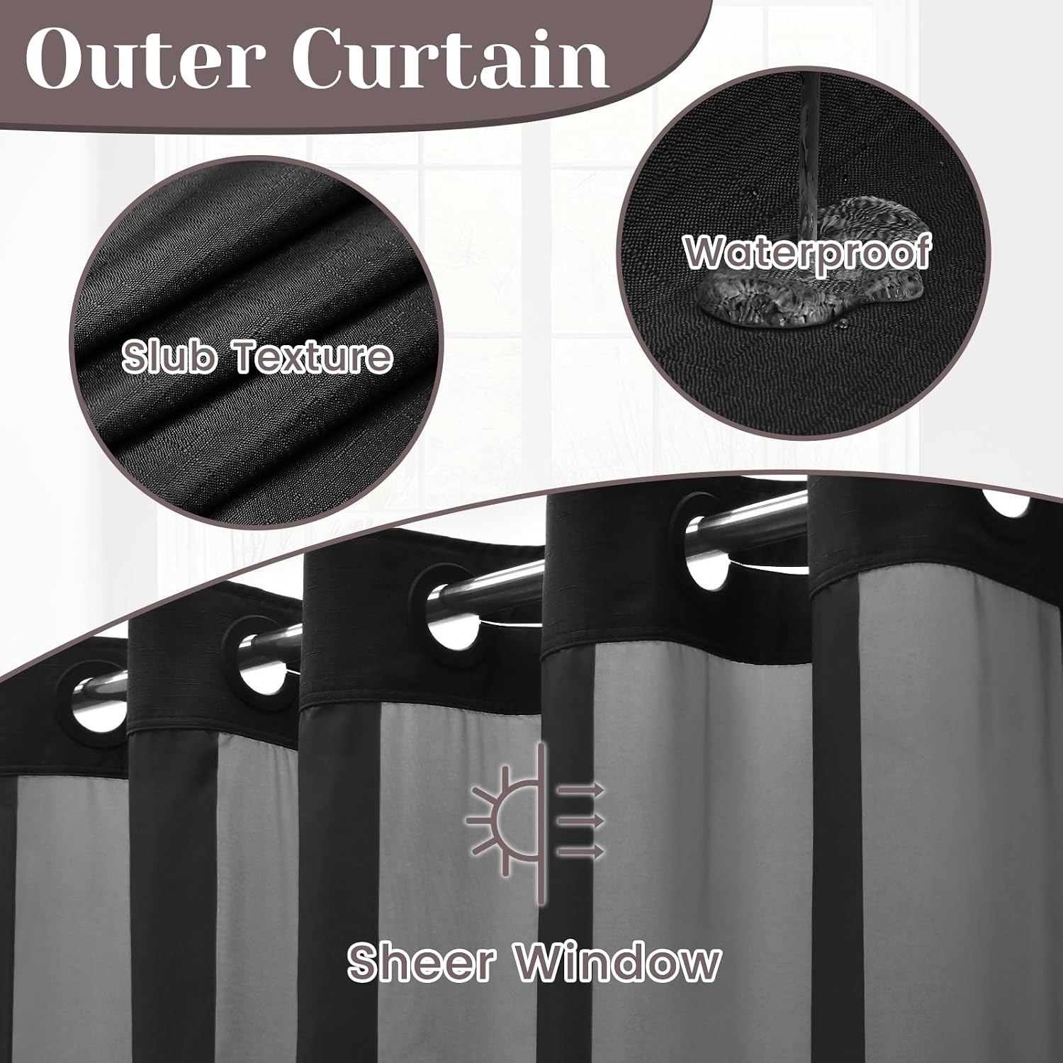 No Hook Slub Textured Shower Curtain with Snap in Liner - Black Fabric Outer Curtain & Waterproof Inner Liner, Hotel
