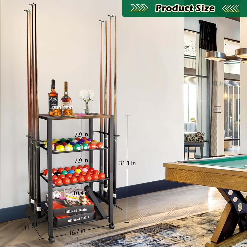 Pool Stick Holder Rack Stand for 8 Cue Sticks - Billiard Game Room Storage Cart with Organizer for Balls, Pool Table