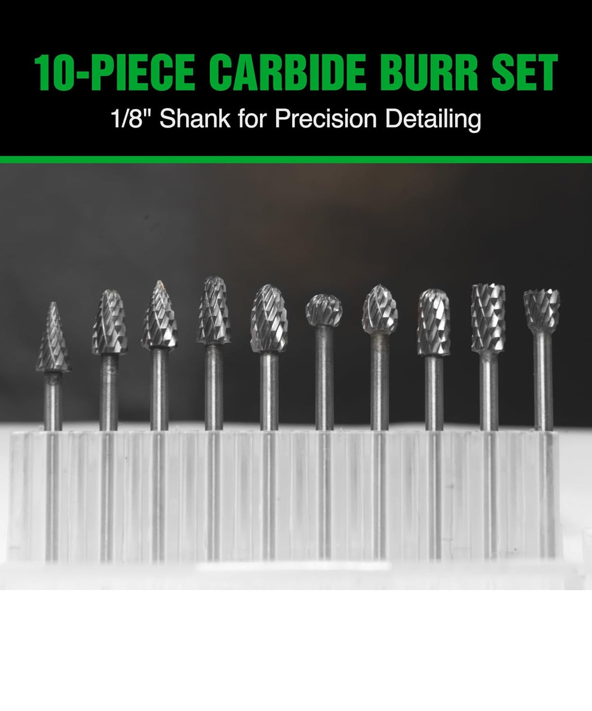 1/8 In Carbide Burr Set 10-Pc Double Cut Die Grinder Bits for Metal