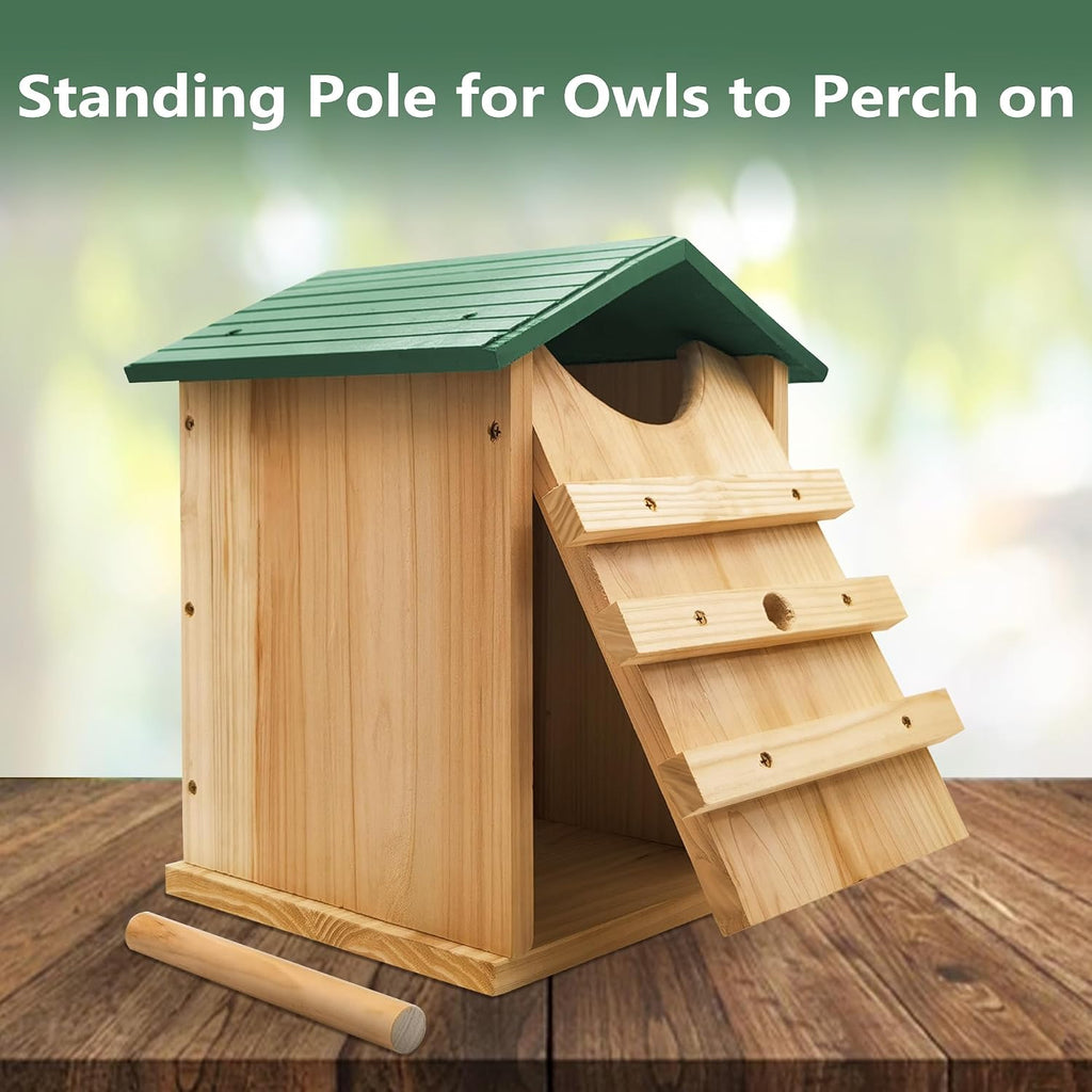 Screech Owl House 13" x 9" x 9", Cedar Wood Owl Box with Bird Stand Design, Owl Nesting Box with Mounting Screws and
