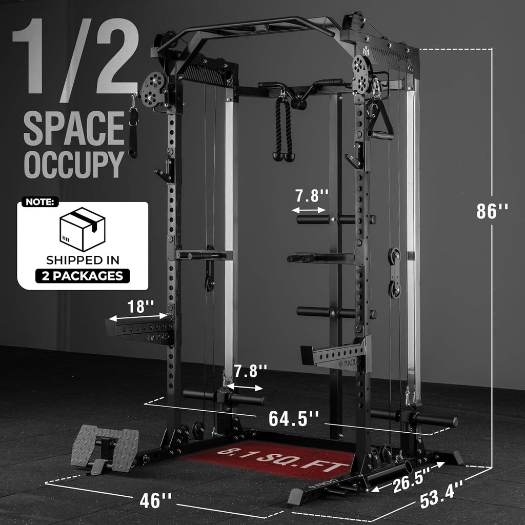 Power Cage, 2000LB Power Rack with Independent Dual Pulley System, Multi-Function Home Gym Workout Machine for Cable