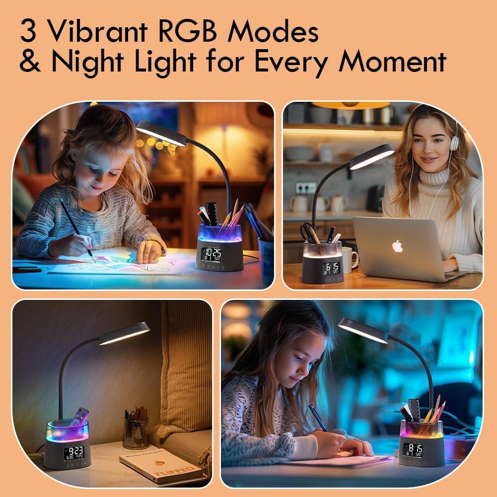 LED Desk Lamp for College Dorm Room Essentials, Students Study Lamp with USB Charging Port, Pen Holder, Clock & RGB