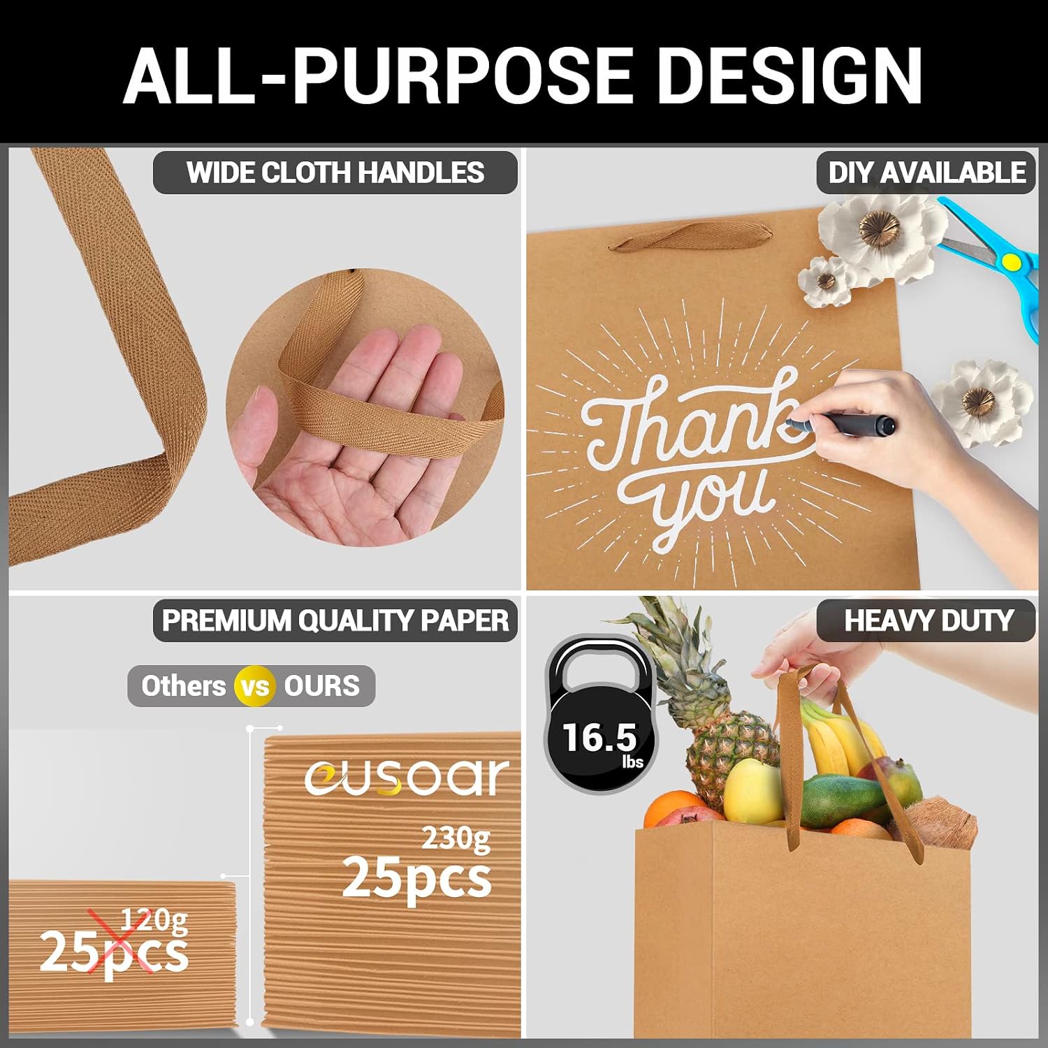 Shopping & Merchandise Bags, Medium Size 25pcs 7.8x3.9x11 inch Brown Kraft Paper Recyclable Gift Bags with Handle Bulk