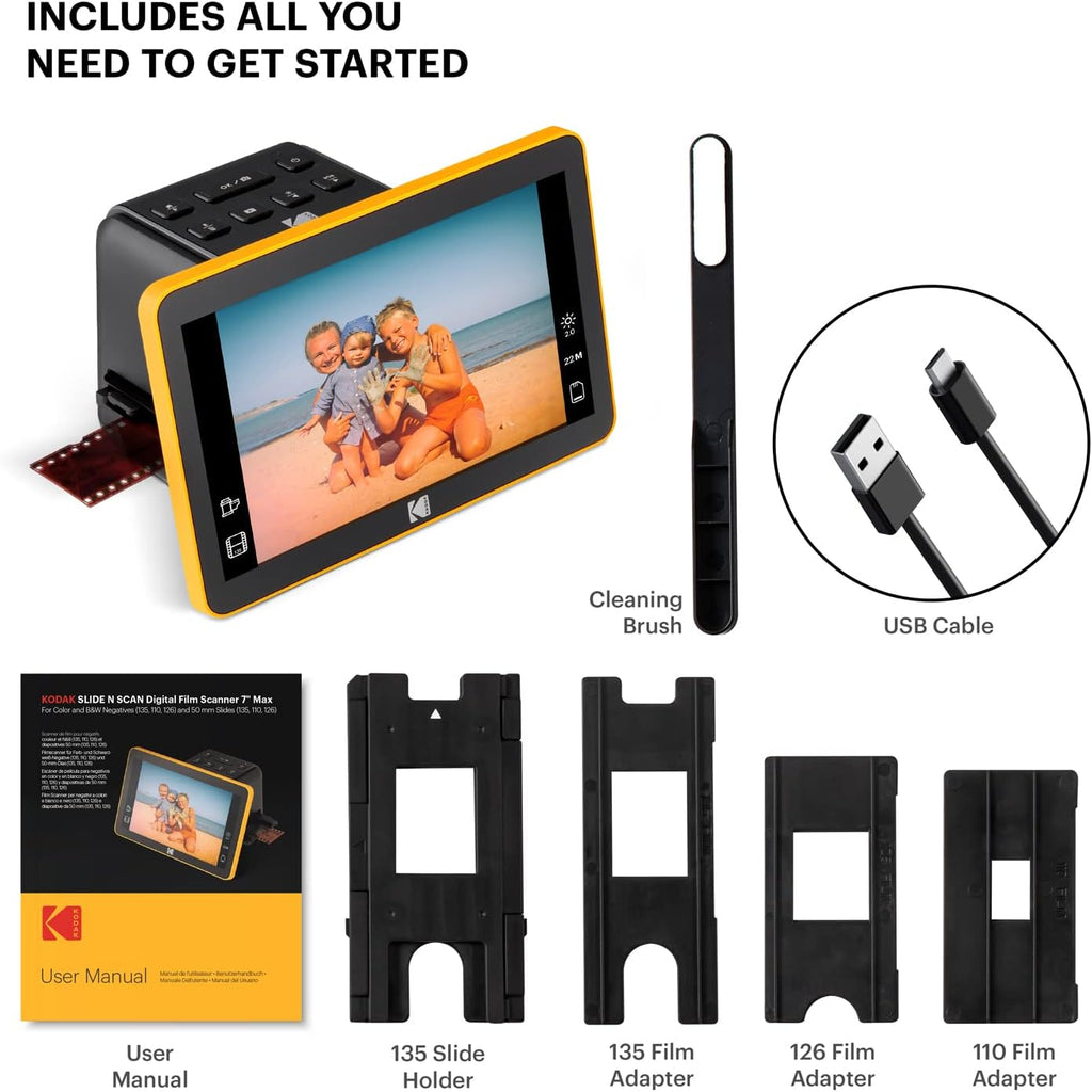 Slide N Scan Max Negative & Slide Scanner, 22MP, 7" Tiltable LCD | Converts 135/110/126mm negatives to JPEG; saves to