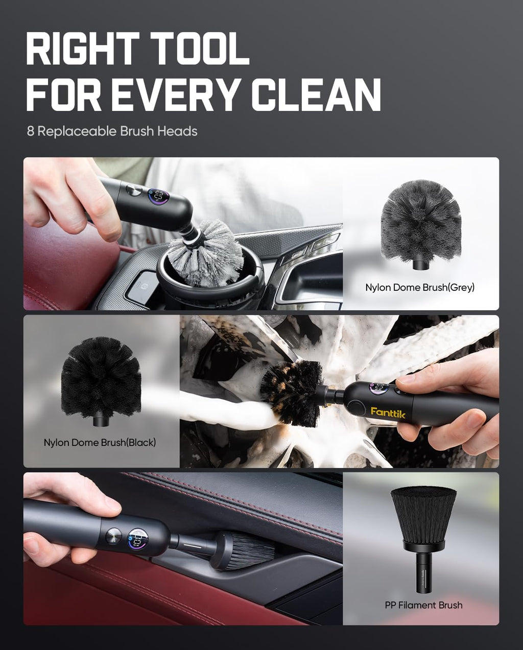 Flip G10 Nano AutoCare Cordless Electric Car Interior Detailing Brush, Dual-Speed with 8 Brush Heads, Adjustable