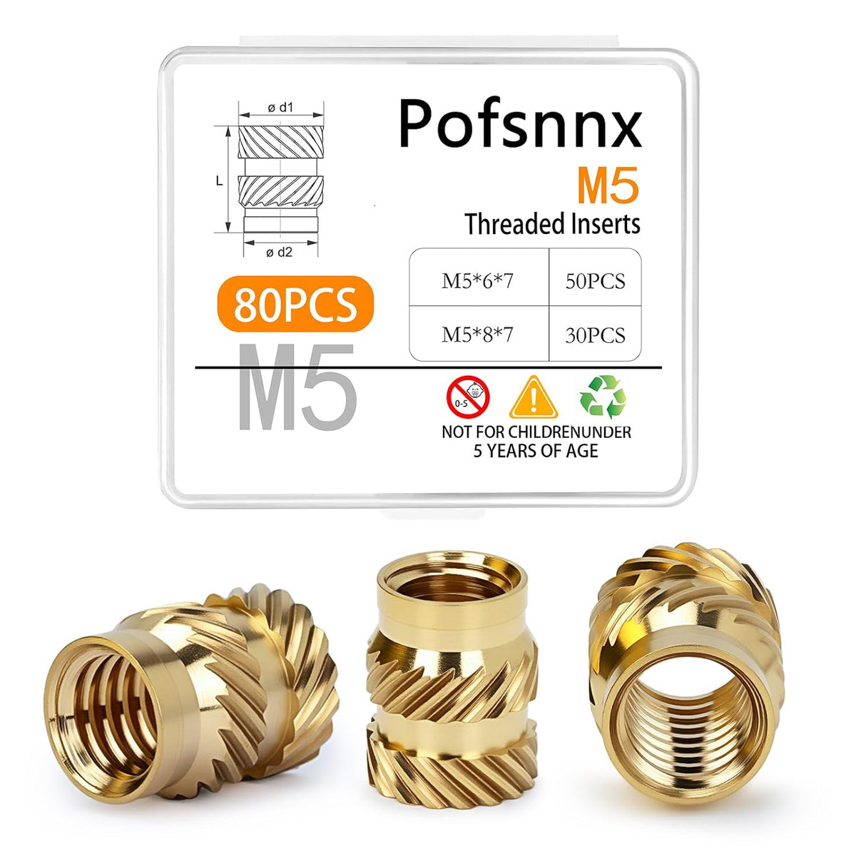 80PCS Brass Heat Set Nuts, M5 Threaded Inserts Assortment
