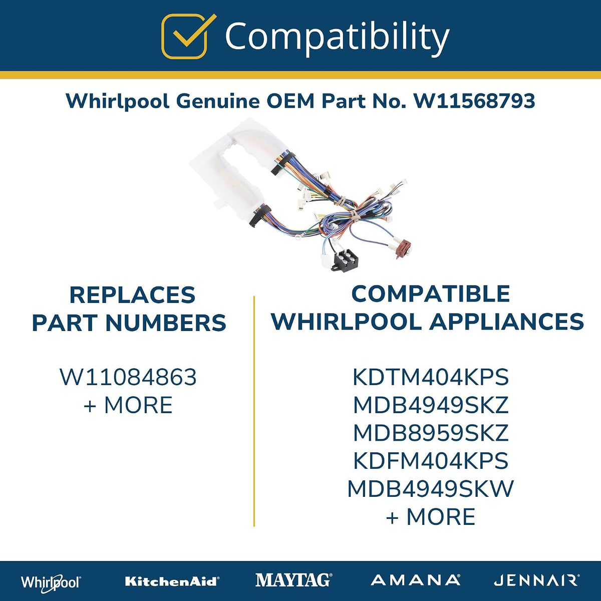 Whirlpool W11568793 Genuine OEM Dishwasher Wire Harness Replacement Part - Replaces W11084863