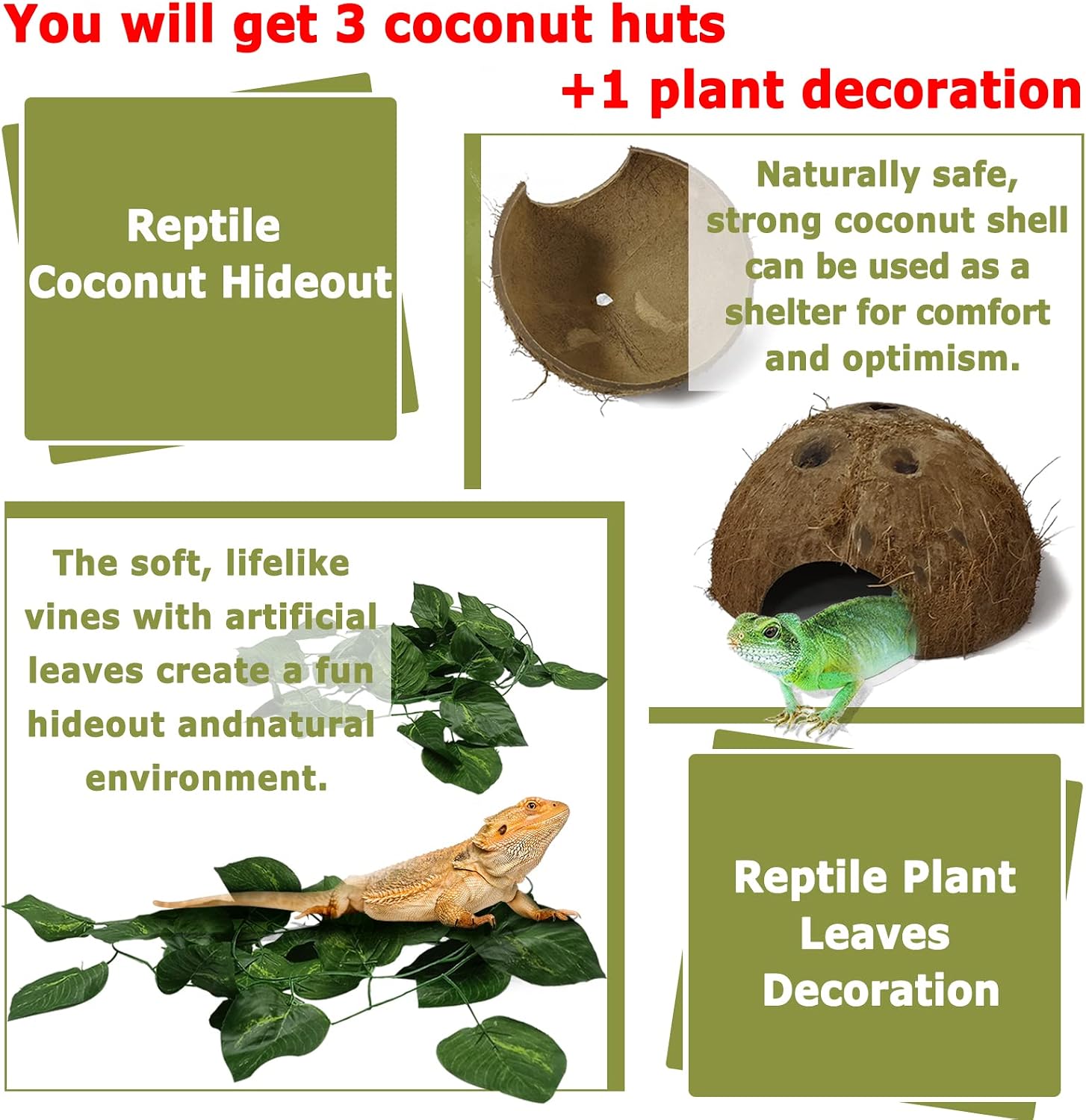 Reptile Hideouts Natural Coconut Shells Hut Hermit Crab Climbing Toys Gecko Hide Cave Lizard Habitat Decor Plant
