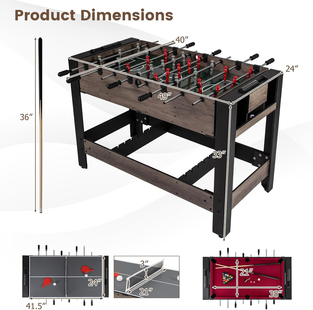 3-in-1 Swivel Game Table, 49'' Combo Game Table with Foosball, Pool Billiards & Table Tennis for Adults, Indoor