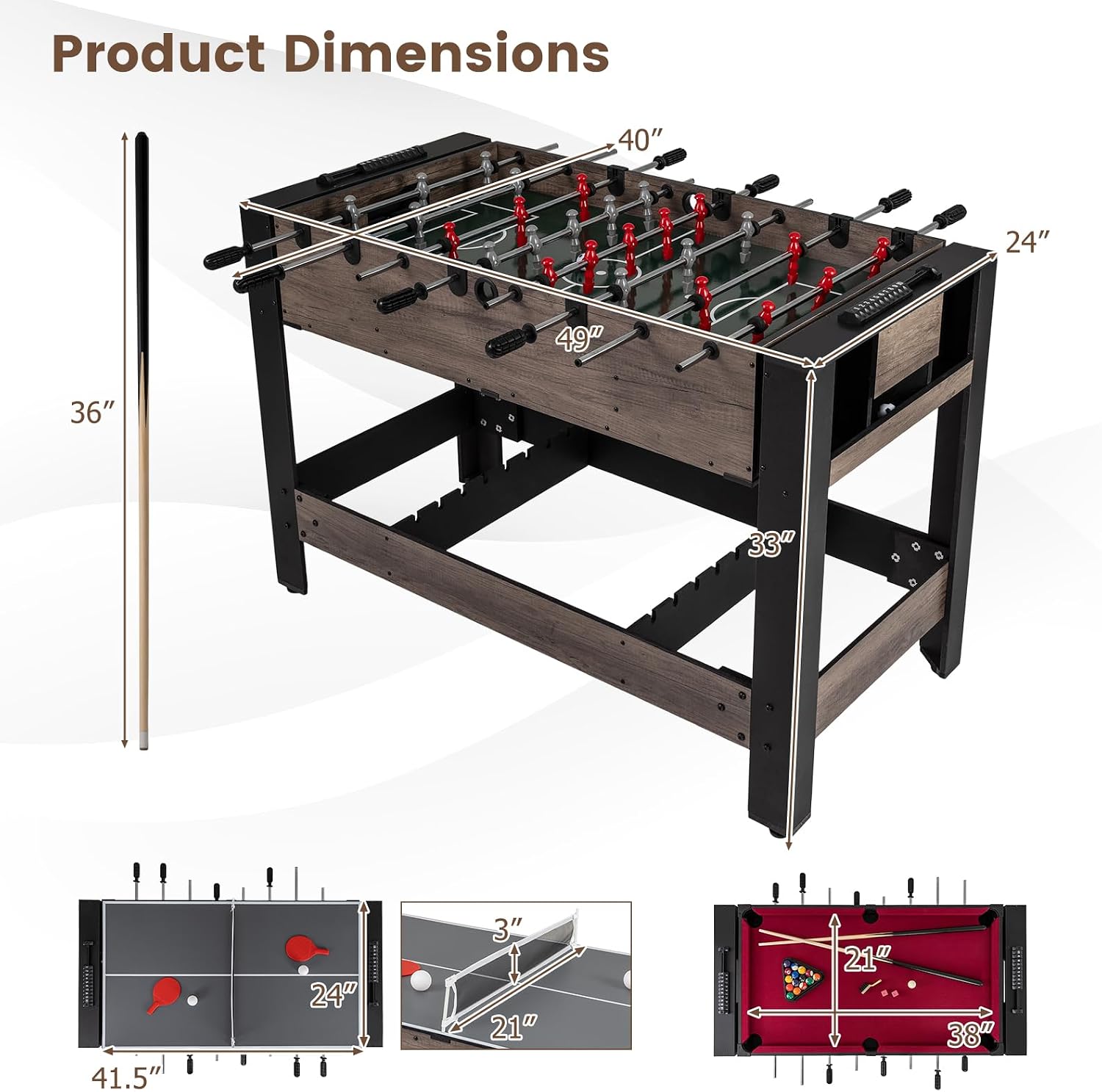 3-in-1 Swivel Game Table, 49'' Combo Game Table with Foosball, Pool Billiards & Table Tennis for Adults, Indoor