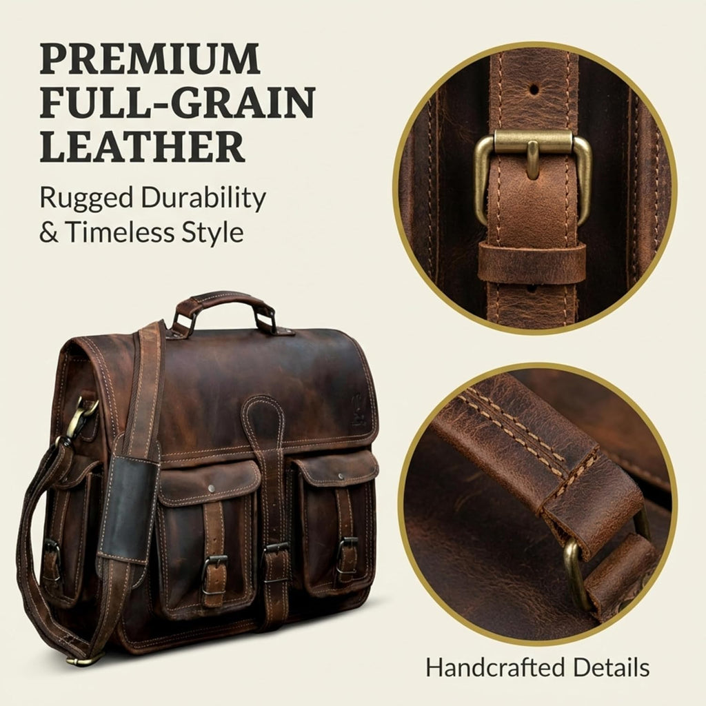 Leather Briefcase Work Bag for Men Women Dark Brown Crossbody Genuine Leather Satchel Office Bag for Men Women 18