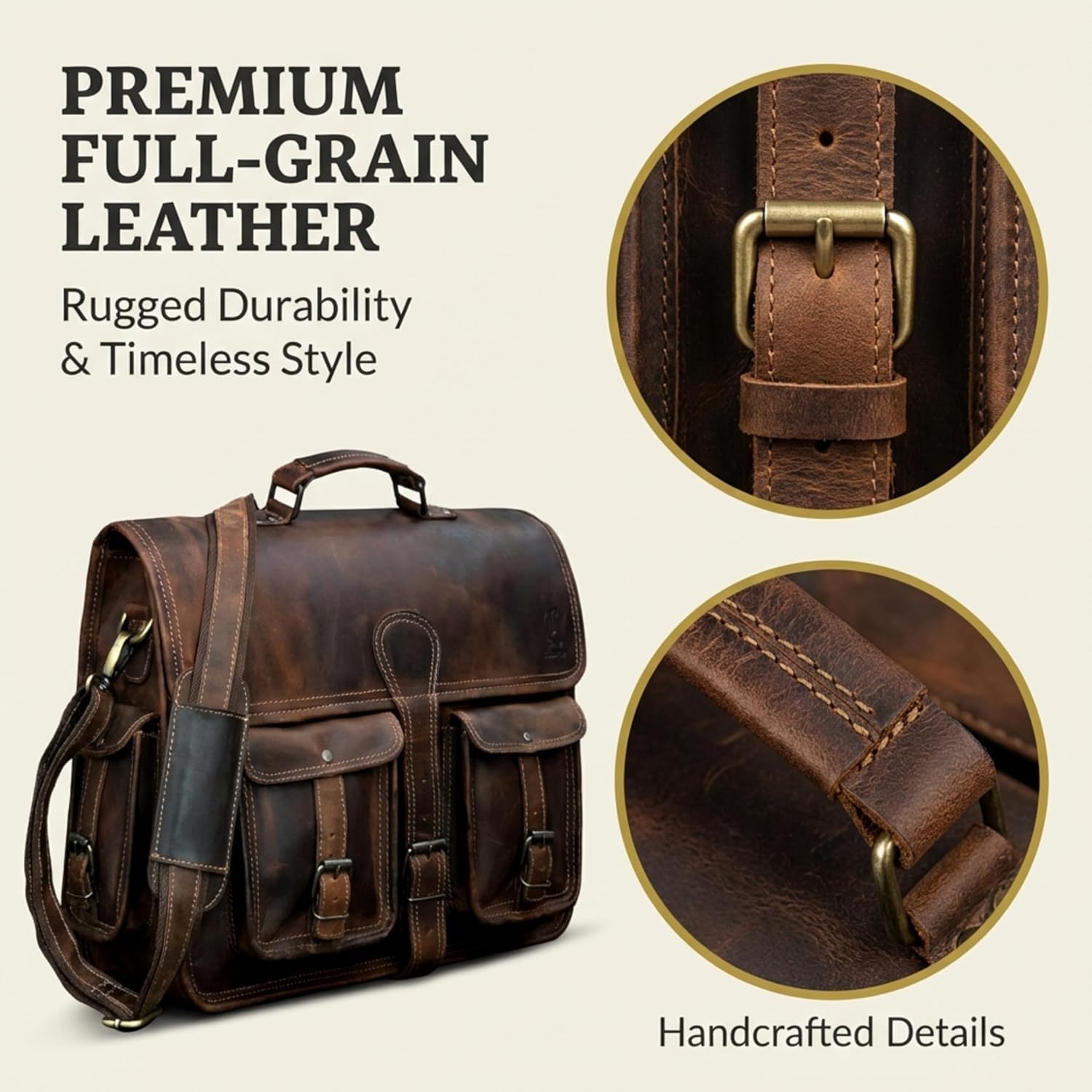 Leather Briefcase Work Bag for Men Women Dark Brown Crossbody Genuine Leather Satchel Office Bag for Men Women 18