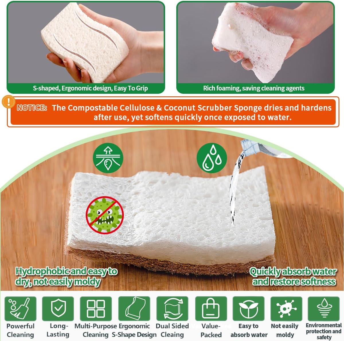 Sponges Kitchen Natural Dish Sponge Plant-Based Biodegradable Compostable