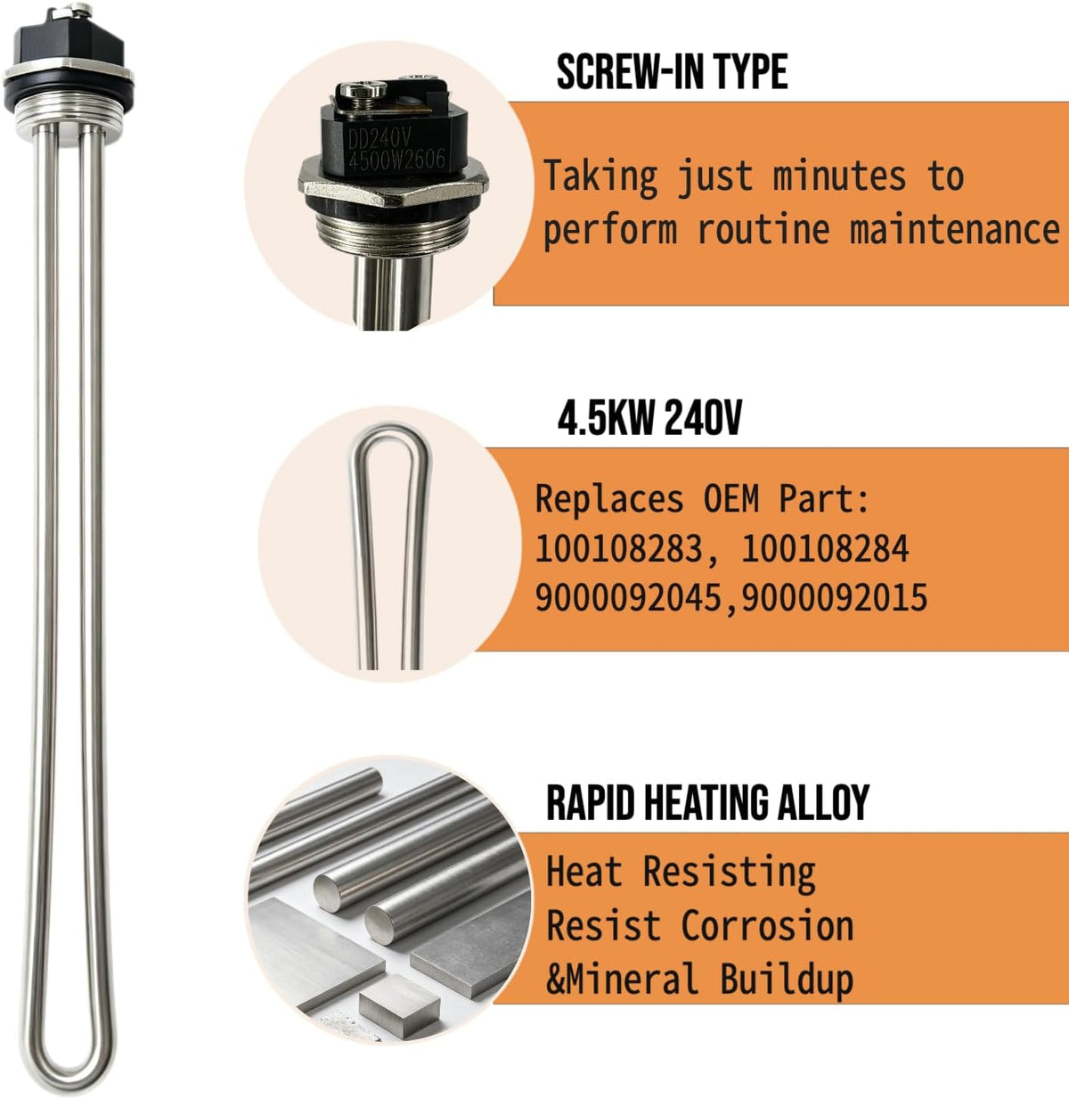 Upgraded 100108283 4500W 240V Water Heater Element 2 Pack, Socket Wrench & 2 PTFE Tape, for AO Smith ECT ECS ECL ECJN E6, Replaces 100108284 9000092015 9000092045